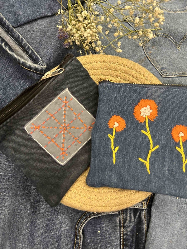 Buy Upcycled Denim Pouch Combo | Set of 2 | Hand Embroidered | Shop Verified Sustainable Gift Bags on Brown Living™