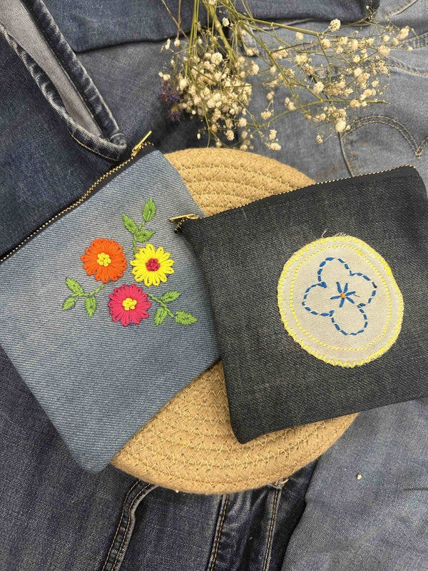 Buy Upcycled Denim Pouch Combo | Set of 2 | Hand Embroidered | Shop Verified Sustainable Travel Organiser on Brown Living™