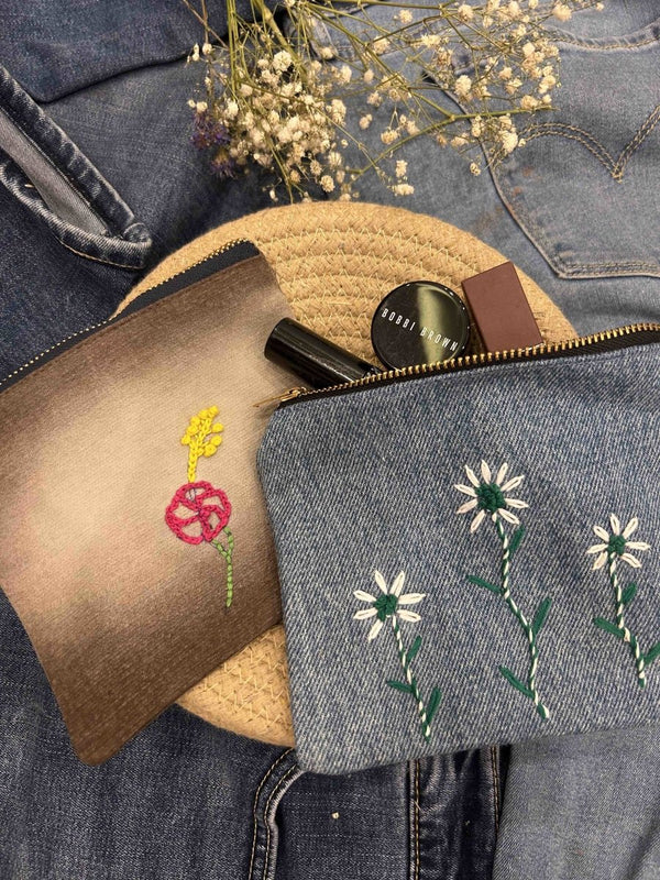 Buy Upcycled Denim Pouch Combo | Set of 2 | Hand Embroidered | Shop Verified Sustainable Travel Organiser on Brown Living™