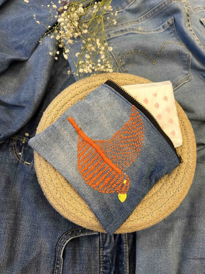 Buy Upcycled Denim Pouch with Hand Embroidery | Shop Verified Sustainable Travel Organiser on Brown Living™