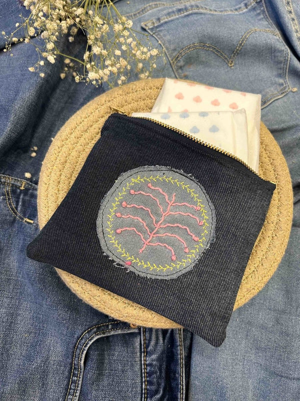 Buy Upcycled Denim Pouch with Hand Embroidery | Shop Verified Sustainable Travel Organiser on Brown Living™