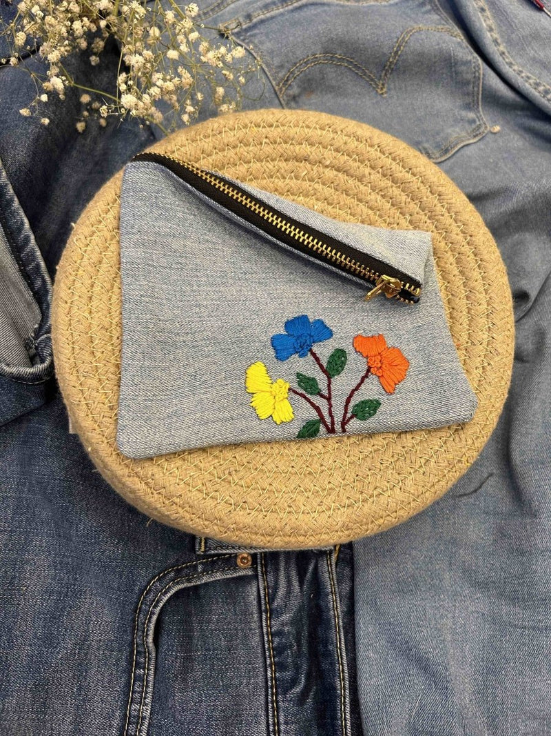 Buy Upcycled Denim Pouch with Hand Embroidery | Shop Verified Sustainable Travel Organiser on Brown Living™