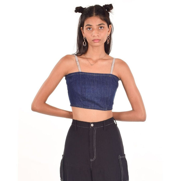 Buy Upcycled Khadi Denim Crop Top - Dark Blue | Shop Verified Sustainable Womens Top on Brown Living™