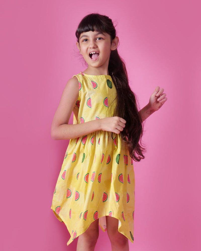 Buy Watermelon Splash Handkerchief Hem Dress | Shop Verified Sustainable Kids Frocks & Dresses on Brown Living™