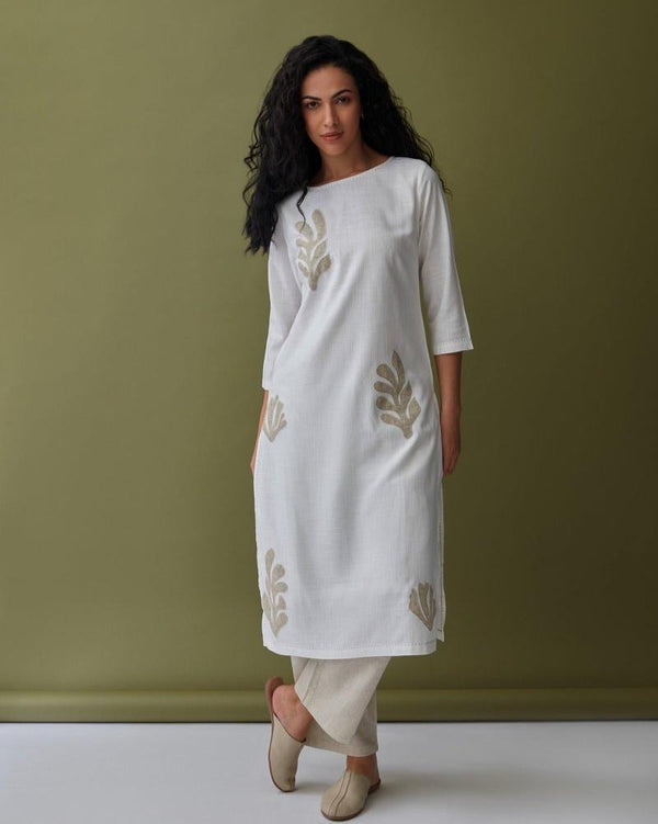 White Applique Linen Kurta Set | Verified Sustainable Womens Kurta on Brown Living™