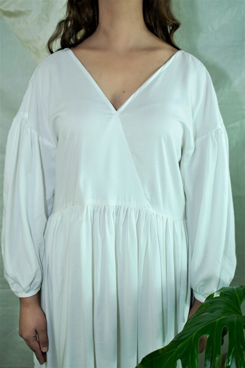 Buy White flowy gathered summer dress | Shop Verified Sustainable Womens Dress on Brown Living™