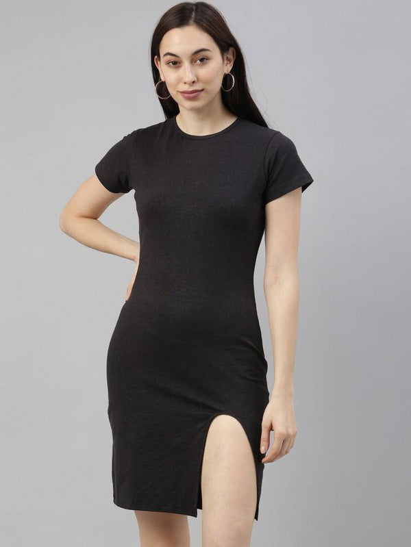 Buy Women Black Single-Slit Roundneck Hemp Solid T-Shirt Dress | Shop Verified Sustainable Womens Dress on Brown Living™