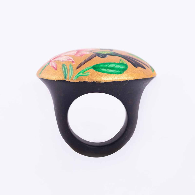 Buy Wooden Ring with Hand Painted Humming Birds and Flower | Shop Verified Sustainable Womens Rings on Brown Living™