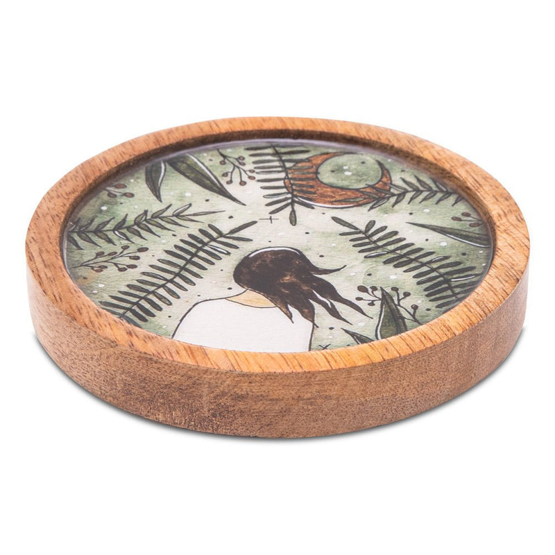 Buy Wooden Round Coasters with Green Girl Print Design Set of 2 | Shop Verified Sustainable Table Essentials on Brown Living™