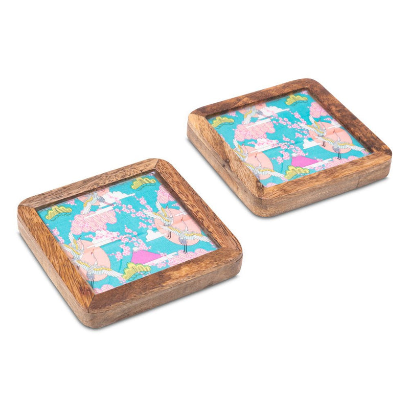 Buy Wooden Square Coasters with Blue Bird Design Set of 2 | Shop Verified Sustainable Table Essentials on Brown Living™