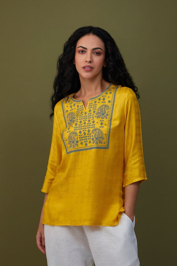 Yellow Jacquard Embroidered Tunic | Verified Sustainable Womens Top on Brown Living™