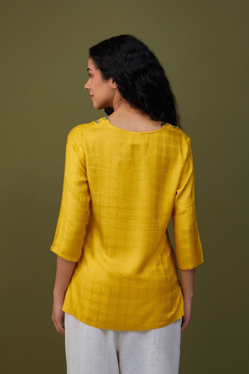 Yellow Jacquard Embroidered Tunic | Verified Sustainable Womens Top on Brown Living™