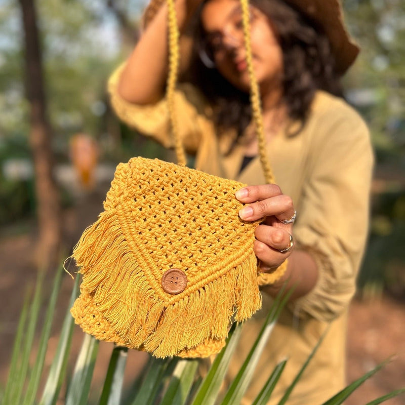 Yellow Macrame Mobile Sling Bag | Verified Sustainable Sling bag on Brown Living™