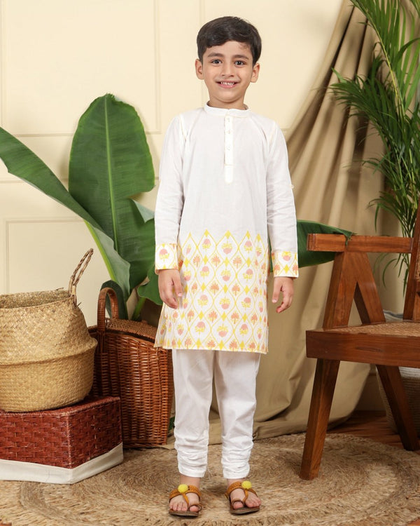 Buy Zahra Boys Hand Block Printed Ethnic Embroidered Cotton Kurta | Shop Verified Sustainable Kids Ethnic Sets on Brown Living™