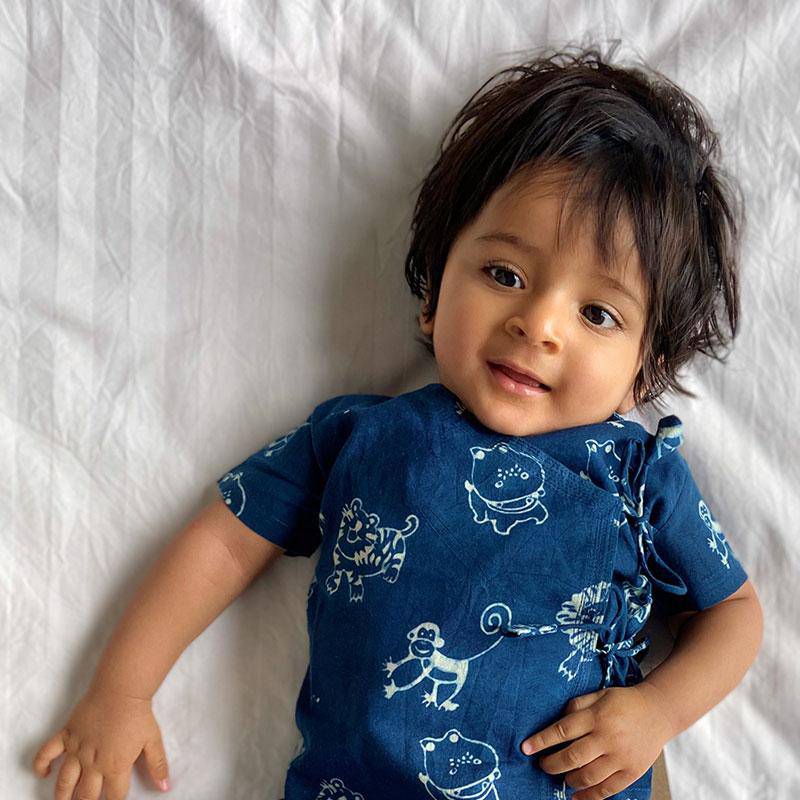 Buy Zoo Print Indigo Angarakha Top with White Pants | Shop Verified Sustainable Kids Daywear Sets on Brown Living™