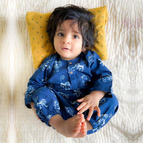 Buy Zoo Print Indigo Kurta with Pants | Shop Verified Sustainable Kids Daywear Sets on Brown Living™